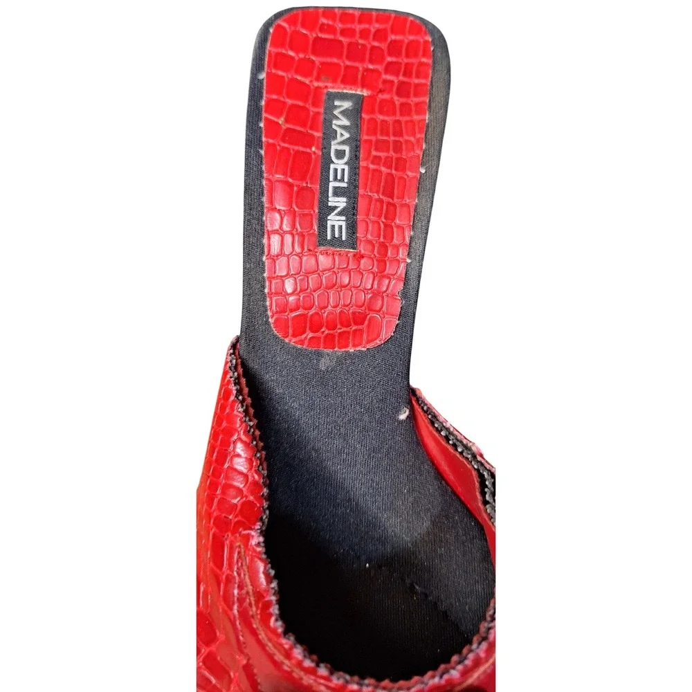 Madeline Womens Red Croc Embossed Square Toe Bow Slide Sandals Flared Heel Y2K